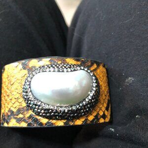 cuff bangle bracelet faux leather hematite pearl
